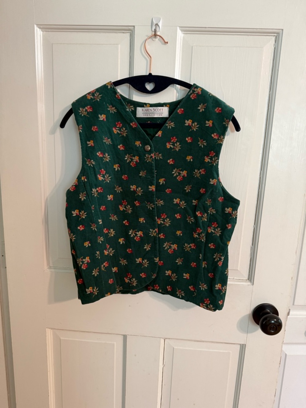 Vntg. 90s Karen Scott Green Floral Button Front Vest Cotton Size S